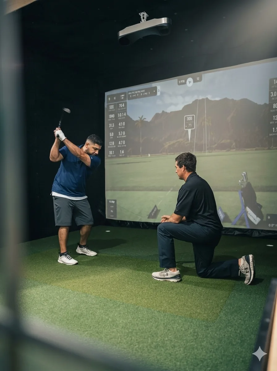 A coach kneeling beside a golfer during a swing lesson