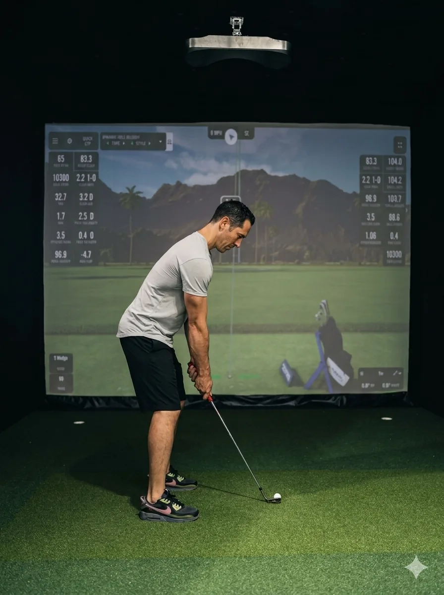 A golfer set up over a wedge shot in the hitting bay with an overhead tracking unit above