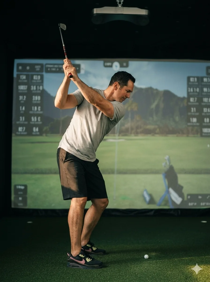 A golfer swinging in the indoor hitting bay